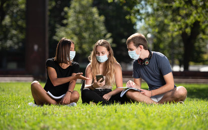 Students on Campus Lawn during COVID-19 Pandemic